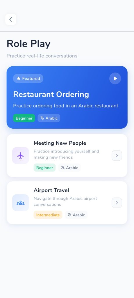 Role play scenarios: restaurant ordering, meeting new people, airport travel
