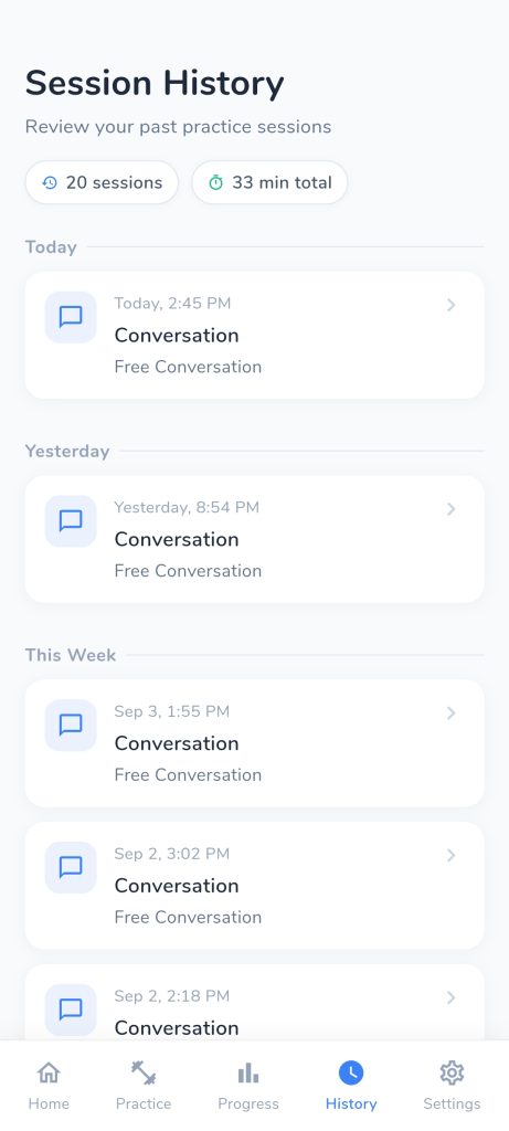 Session history showing past speaking practice sessions